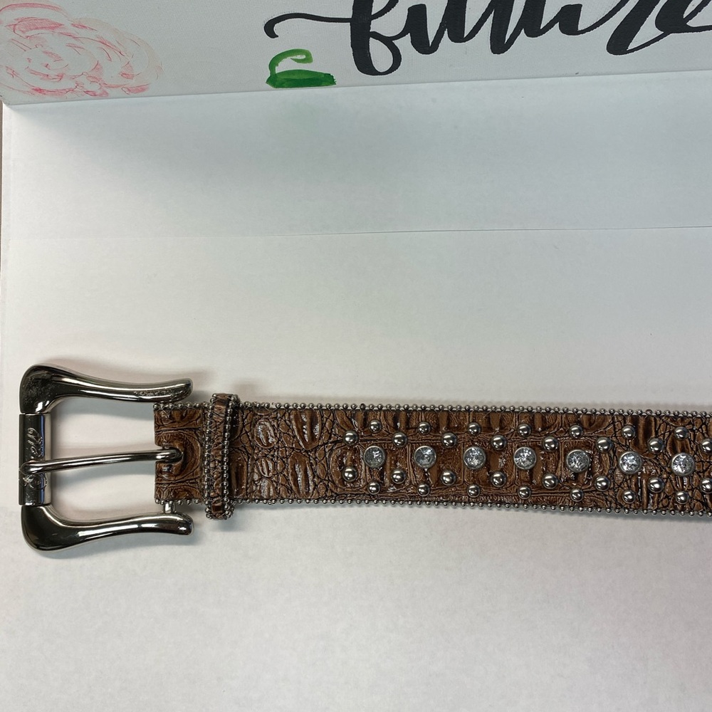 GUESS Western Unisex Stud & Rhinestone Embellished Belt Faux Leather, BROWN, Med - Picture 10 of 11
